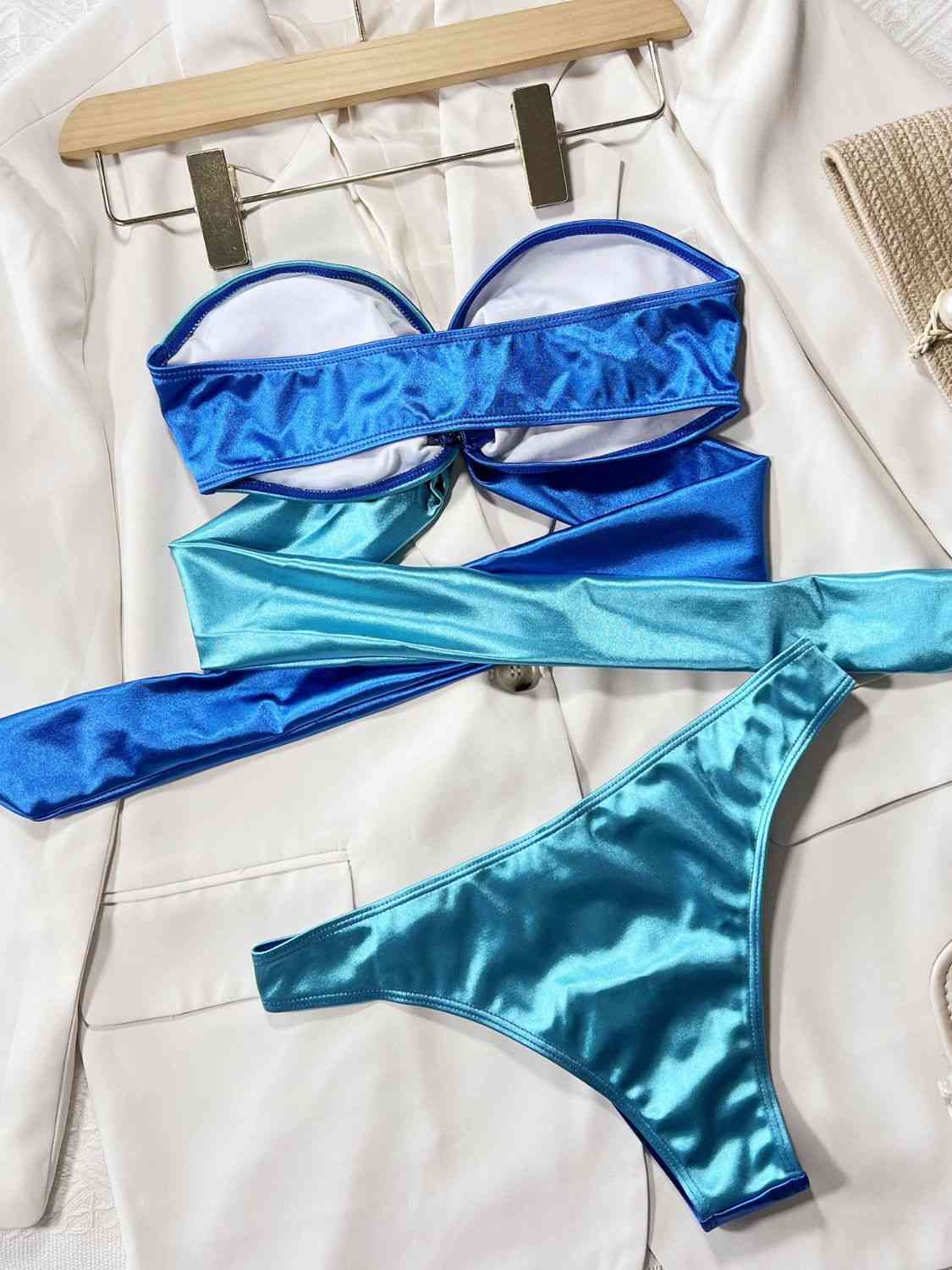 Two-Tone Ring Detail Tied Bikini Set - Blue Canoe outfitter