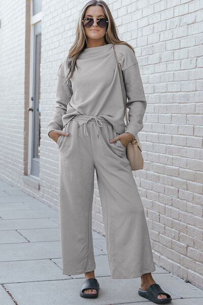 Double Take Full Size Textured Long Sleeve Top and Drawstring Pants Set - Blue Canoe outfitter