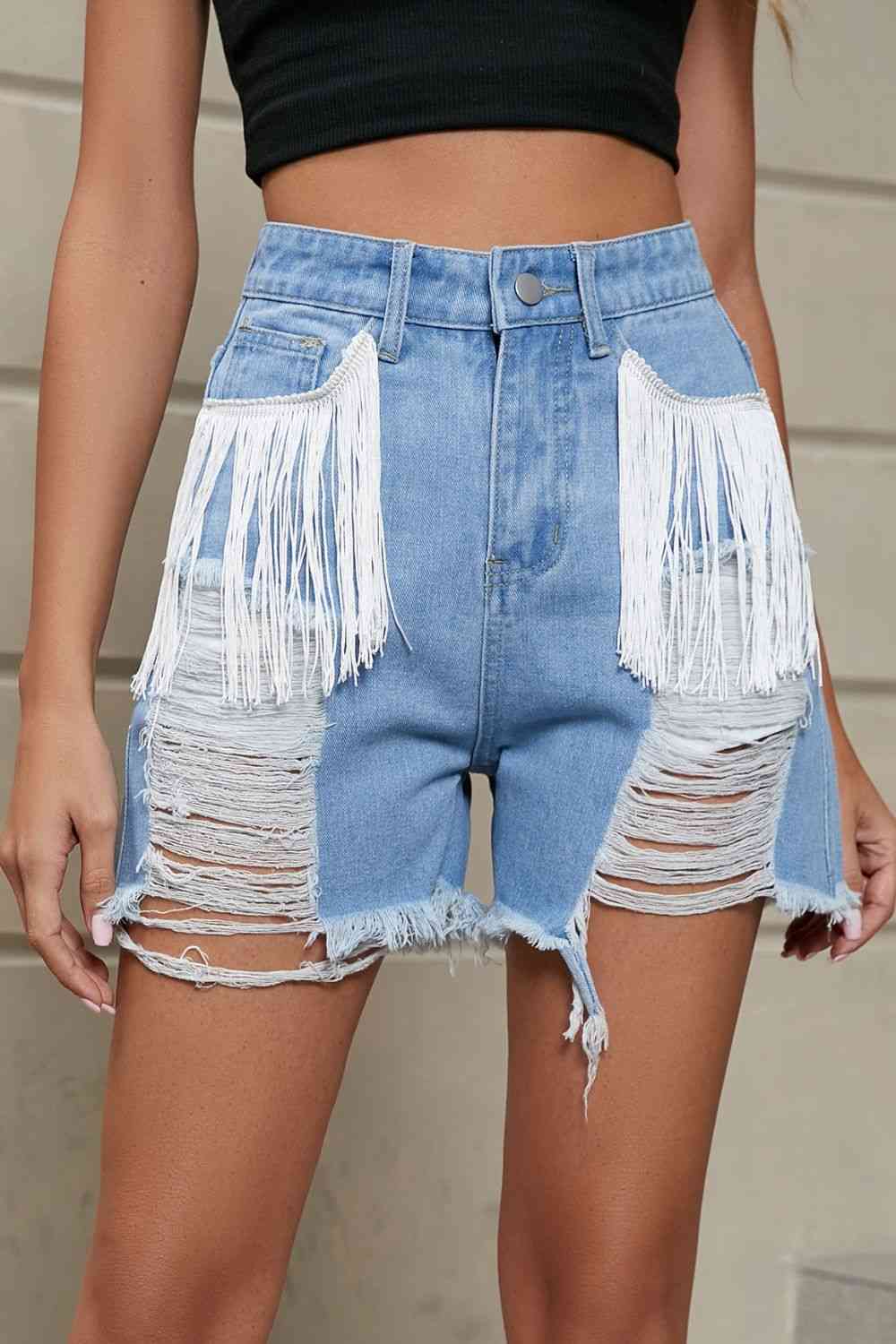 Fringe Trim Distressed Denim Shorts with Pockets - Blue Canoe outfitter