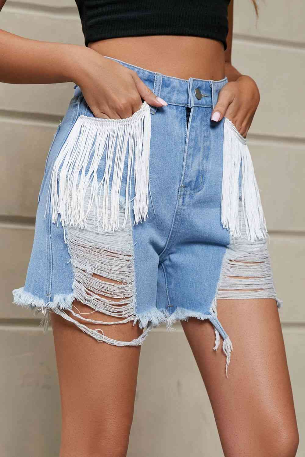 Fringe Trim Distressed Denim Shorts with Pockets - Blue Canoe outfitter