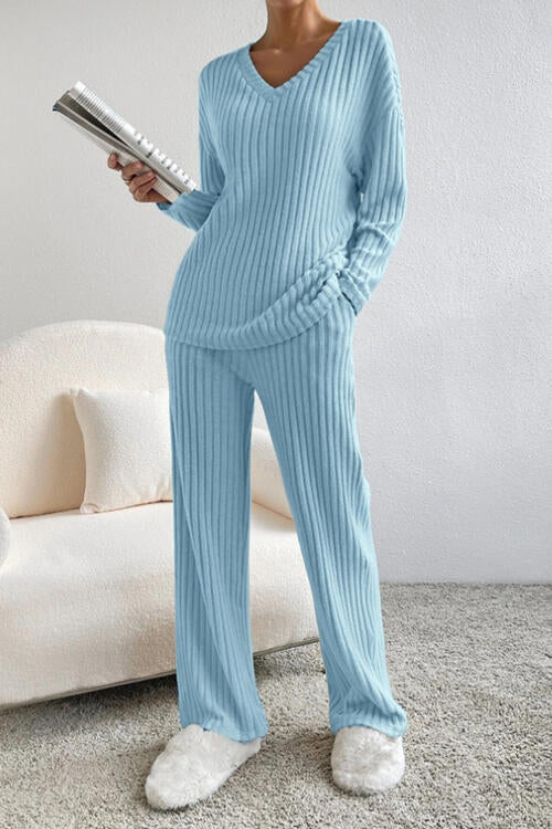 Ribbed V-Neck Top and Pants Set - Blue Canoe outfitter